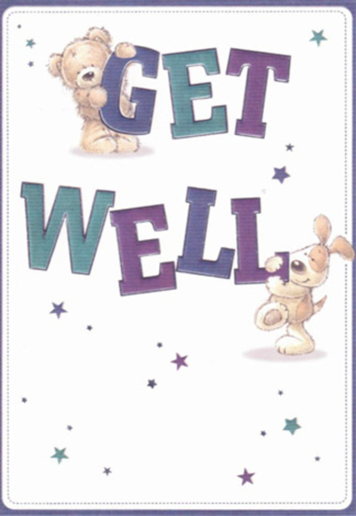 This charming get well card illustration captures the same thoughtful care a Crystal Palace florist might use when arranging a soothing bedside bouquet. Against a crisp, creamy white background, two lovable characters take centre stage: a chubby teddy bear with honey-brown fur and a floppy-eared puppy with a soft, biscuit-coloured coat. The bear perches cheerfully atop the bold word GET, its rounded paws draped over the letters as though giving them a hug, while the puppy leans eagerly against the word WELL, tail lifted, nose nudging the letters forward like a playful delivery helper. The typography is large and confident, shaded in layered tones of deep purple, indigo, teal, and aqua that give the words a friendly weight, reminiscent of colourful shopfront signs around the Crystal Palace Triangle. Surrounding the figures and text, scattered starbursts and tiny dots in varying shades of blue, violet, and turquoise sparkle like little bursts of encouragement, as if each star carries its own whispered feel better soon. The clean background allows every hue and curve to stand out clearly, evoking a sense of freshness and order that feels welcome when someone is under the weather in a flat off Gipsy Hill or near the park. You can almost imagine tracing the lines of the characters with your fingertips, feeling the implied softness of the bear's fur and the puppy's ears, then the smooth, slightly glossy surface of the printed card. The mood is gentle and uplifting rather than loud, offering a childlike innocence that works for any age-a quiet promise that someone nearby cares, much like a thoughtfully chosen get well arrangement arriving at the door on a grey South London afternoon.