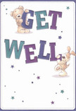 A whimsical illustrated get well card, softly lit as if resting on a bedside table, shows two friendly characters working together to send comfort: a plump teddy bear and a floppy-eared puppy. The teddy, drawn with fluffy golden-brown fur and a round, reassuring tummy, hugs the top of the bold word GET, while the puppy, all velvety ears and wagging tail, leans against the word WELL below. The letters are big and bouncy, shaded in rich indigo, teal, and gentle aqua tones that feel as soothing as a dusky Crystal Palace sky after rain. Around them, scattered starbursts in blues and purples sparkle like tiny wishes drifting over the park at twilight, each one hinting at hope and brighter days ahead. The cream-white background is clean and uncluttered, a calm canvas that lets the playful figures and colours breathe, much like fresh air rolling up from the valley below the Crystal Palace Triangle. You can almost feel the textures: the teddy's soft fur, the puppy's silky coat, the smooth, slightly raised ink of the lettering beneath your fingertips. There's a simple, heartfelt message in the scene-gentle encouragement and a little mischief to make someone smile in hospital or resting at home just off Church Road. Like a thoughtfully chosen get well bouquet, the illustration balances lightness and sincerity, offering a visual hug and a promise that someone cares enough to send both colour and kindness.